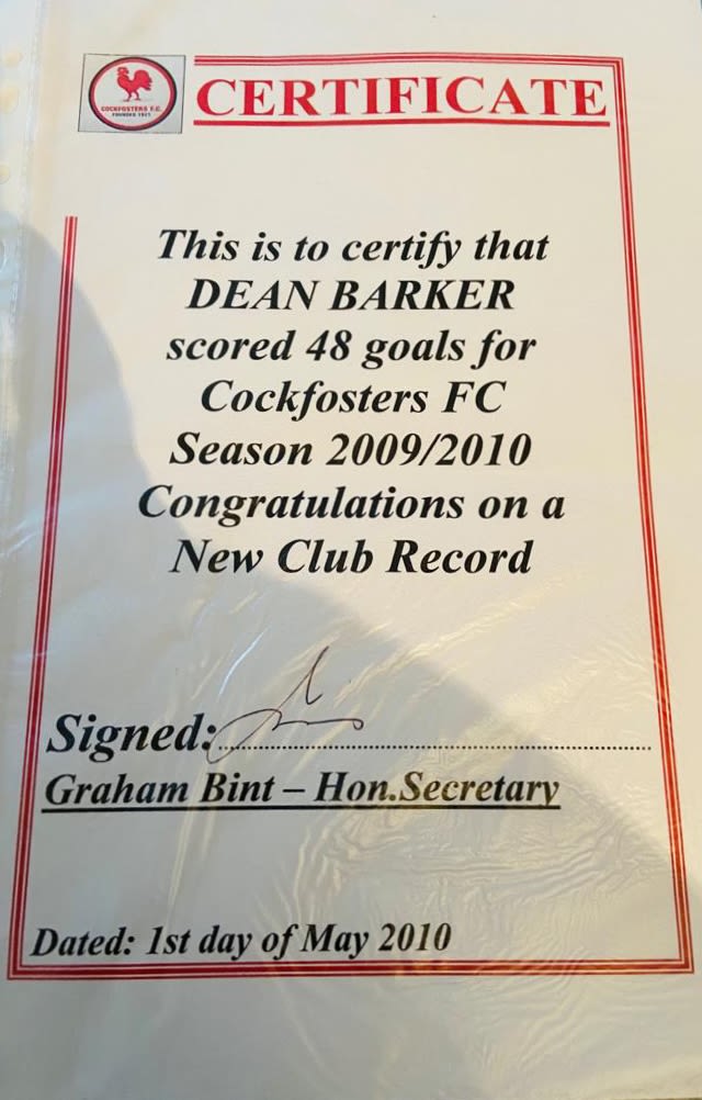 A certificate from Cockfosters FC to Dean Barker after he became their highest-ever goalscorer.