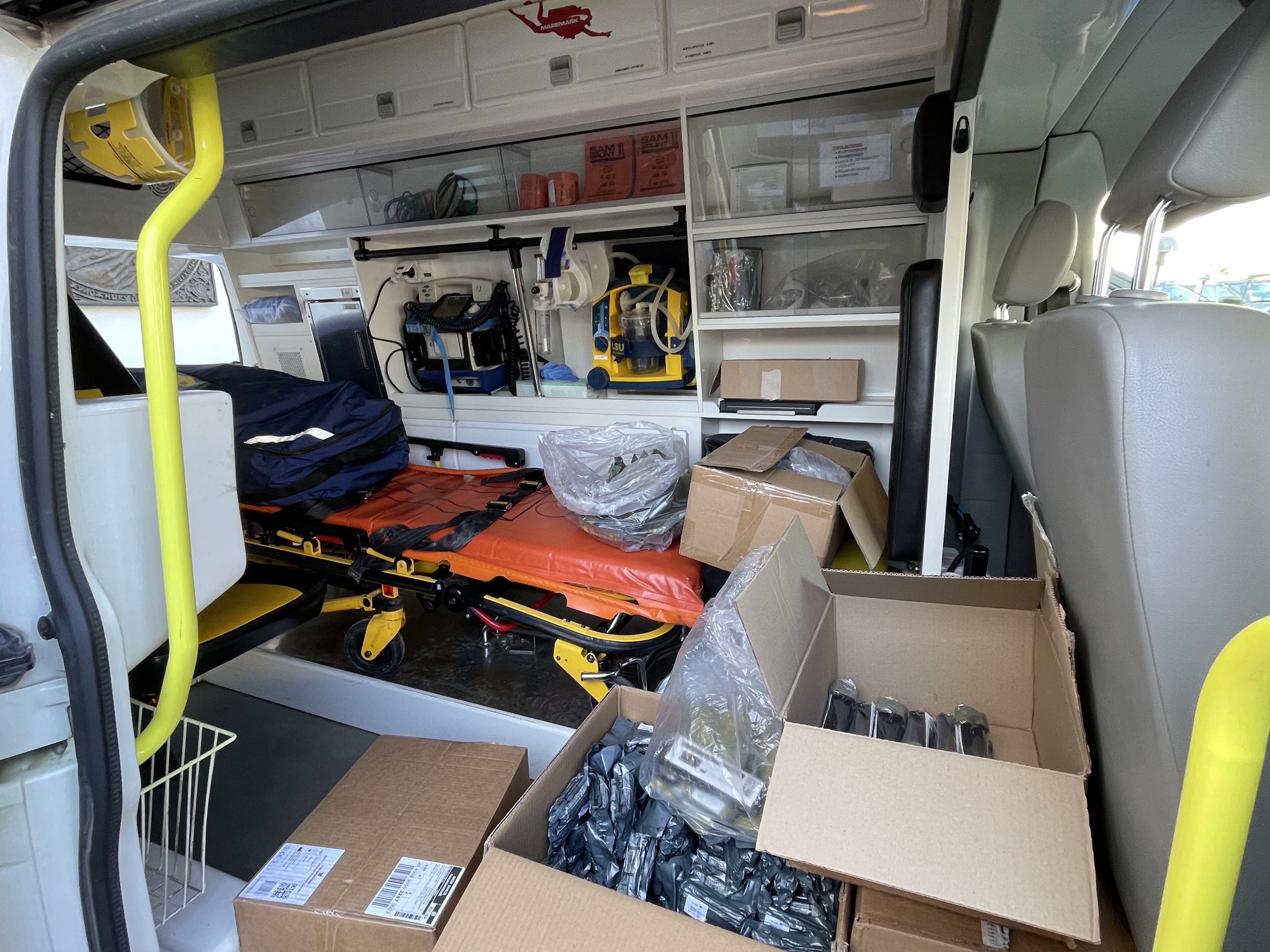 Medical equipment inside one of the donated ambulances.