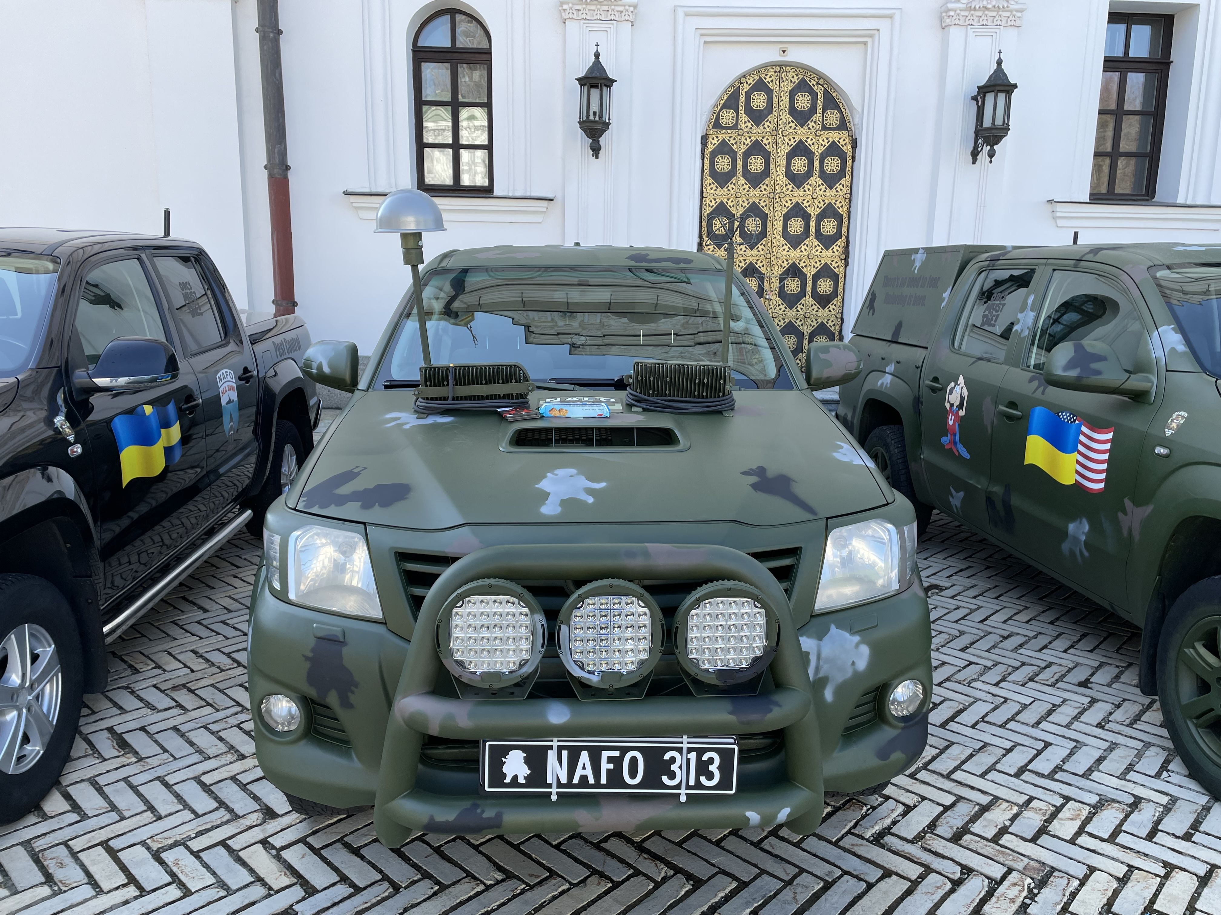 One of the 4x4s with the anti drone jammers on the bonnet.